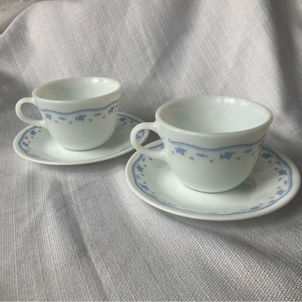 Pair of 'Morning Blue' Pyrex Cups and Corelle Saucers (see photos & description)